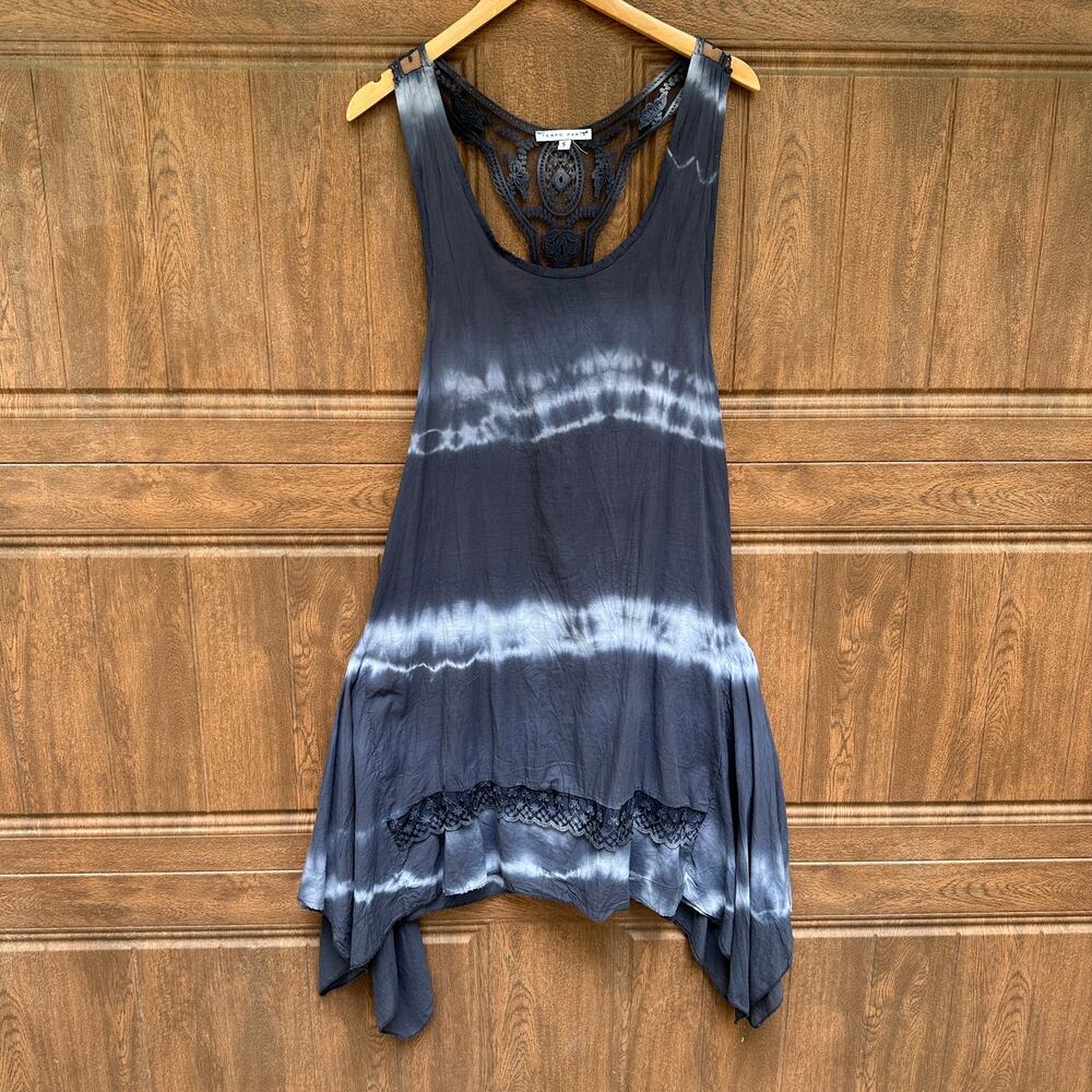 Tempo Paris Dress Blue Tie Dye Flowy Gauze Beach Coverup Handkerchief Hem S
